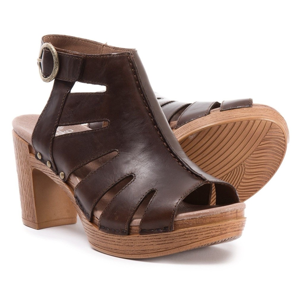 Women's 9.5 10 40 Dansko Demetra Dark Brown Leather Heels Sandals Clogs